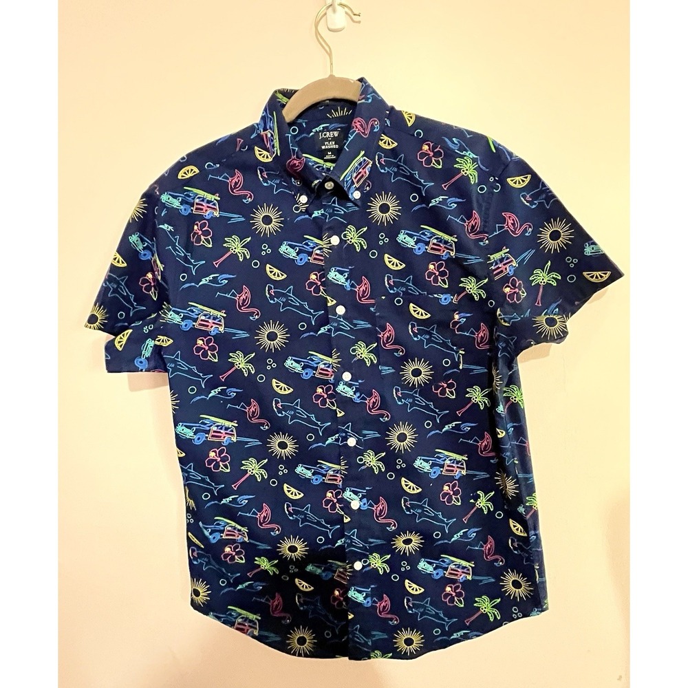 J Crew Shirt Mens M Blue Short-Sleeve Preppy Beach Flamingo Shark Camper